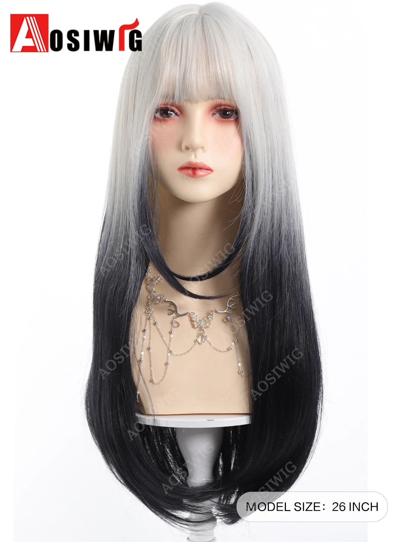 26 Inch Silver White Black Ombre Long Straight Wig With Blunt Bangs Synthetic Hair Wig Heat Resistant Gothic Alternative Style F