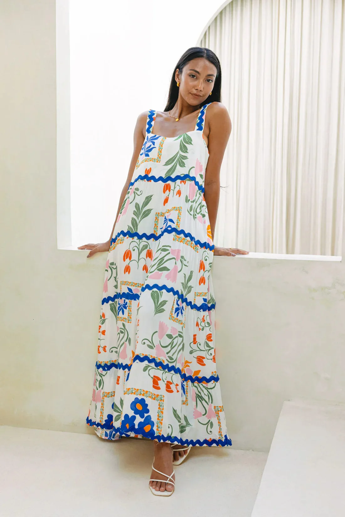 Wavy Pattern Splicing Spaghetti Strap Print Dresses Women Fashion Trendy Lady Long Dress Spring Summer New Vestidos Streetwear