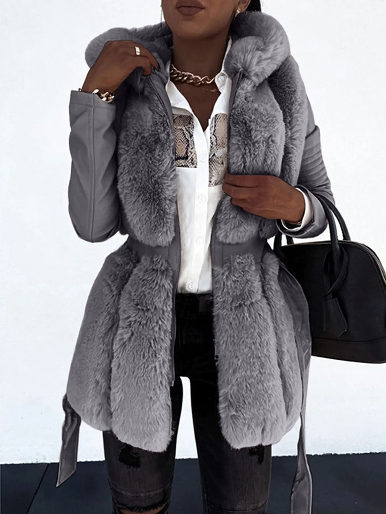 معطف نسائي طويل للخريف والشتاء، ياقة من الفرو عادي، خصر، ملابس خارجية يومية بأكمام طويلة