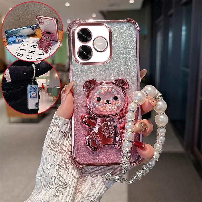 Niedliche Bären-Cartoon-Halterung mit Perlen-Lanyard-Riemen, stoßfeste Glitzer-Handyhülle für Huawei Honor 600 Lite 600e 600lite 5G Rückseite