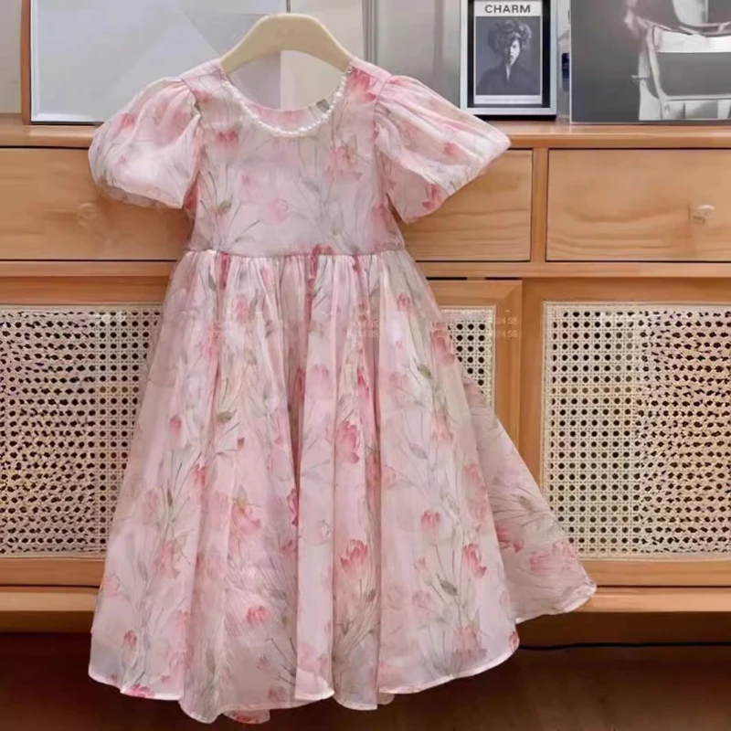 

2025 Summer New Girl's Pink Flower Full Print Waist Large Skirt Lotus Leaf Sleeve Dress
