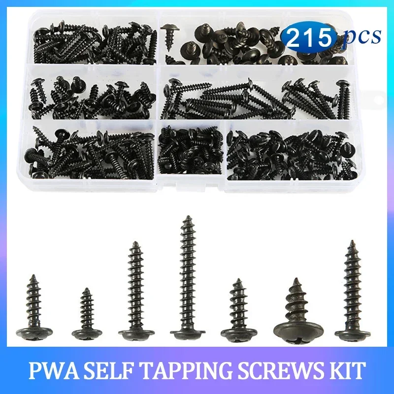 215PCS M2.9 M3.5 M4.2 M4.8 PWA Black Phillips Self Tapping Screw with Pad Kit Cross Round Head Screws with Washer Set