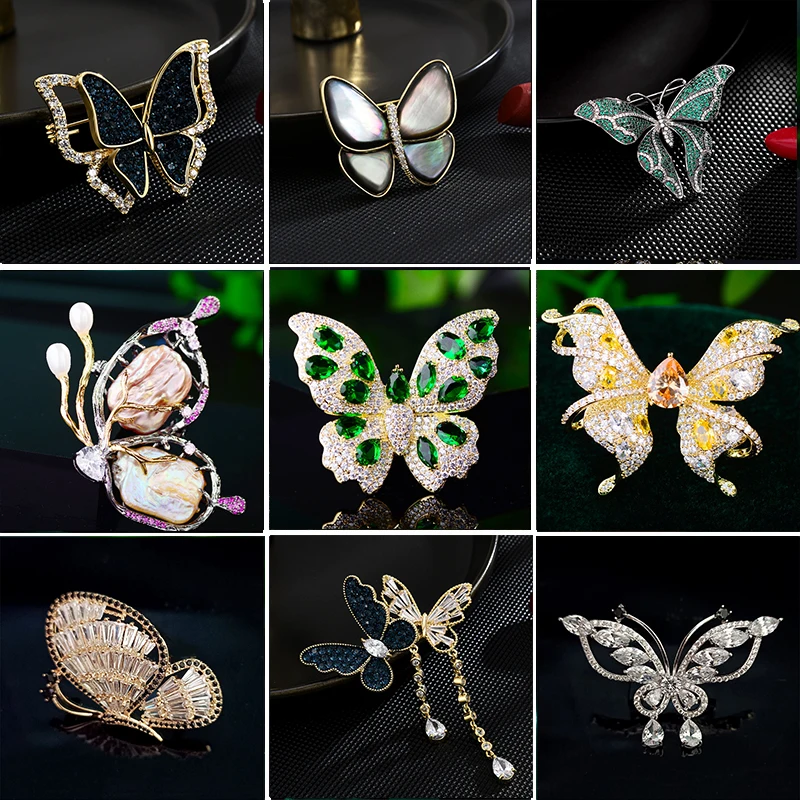 High Grade Cubic Zircon Butterfly Brooches Temperament Pearl Brooch Pins for Woman Coat Accessories Trendy Animal Jewelry Decor