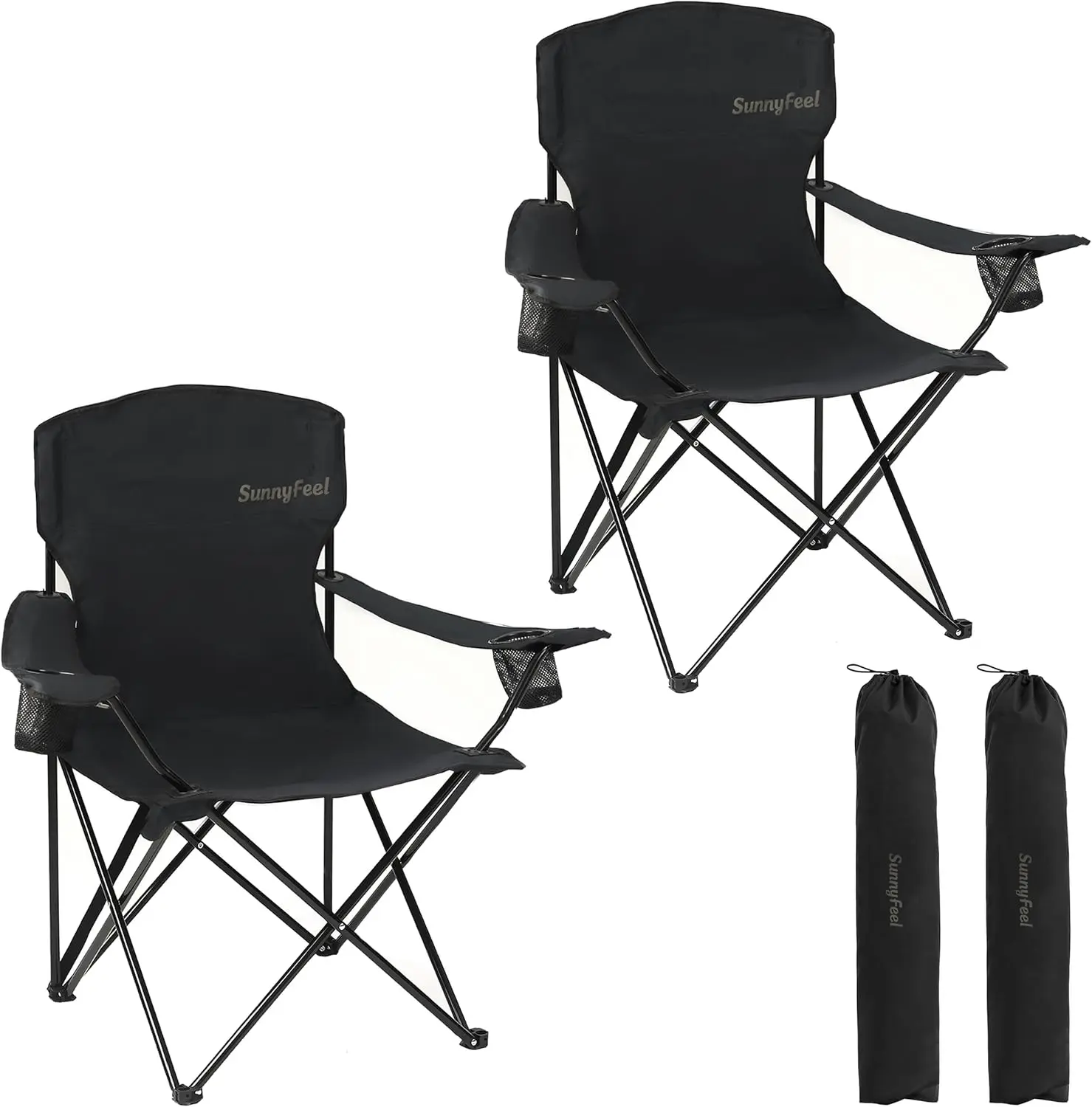 

Portable Camping Chair 2 Pack with Side Pockets & Cup Holder, 300LBS Capacity, Padded, Carry Bag Included, Black