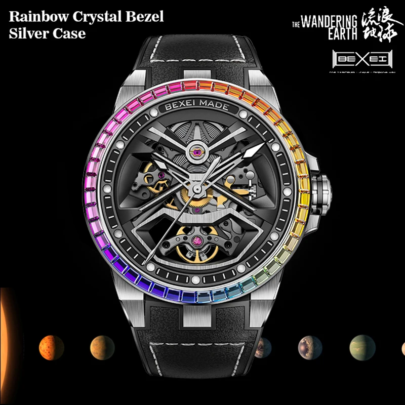 

BEXEI 9115 watch for man mechanical waterproof 5ATM Automatic movement Reserve 80H Rainbow Crystal Bezel Rose Gold case