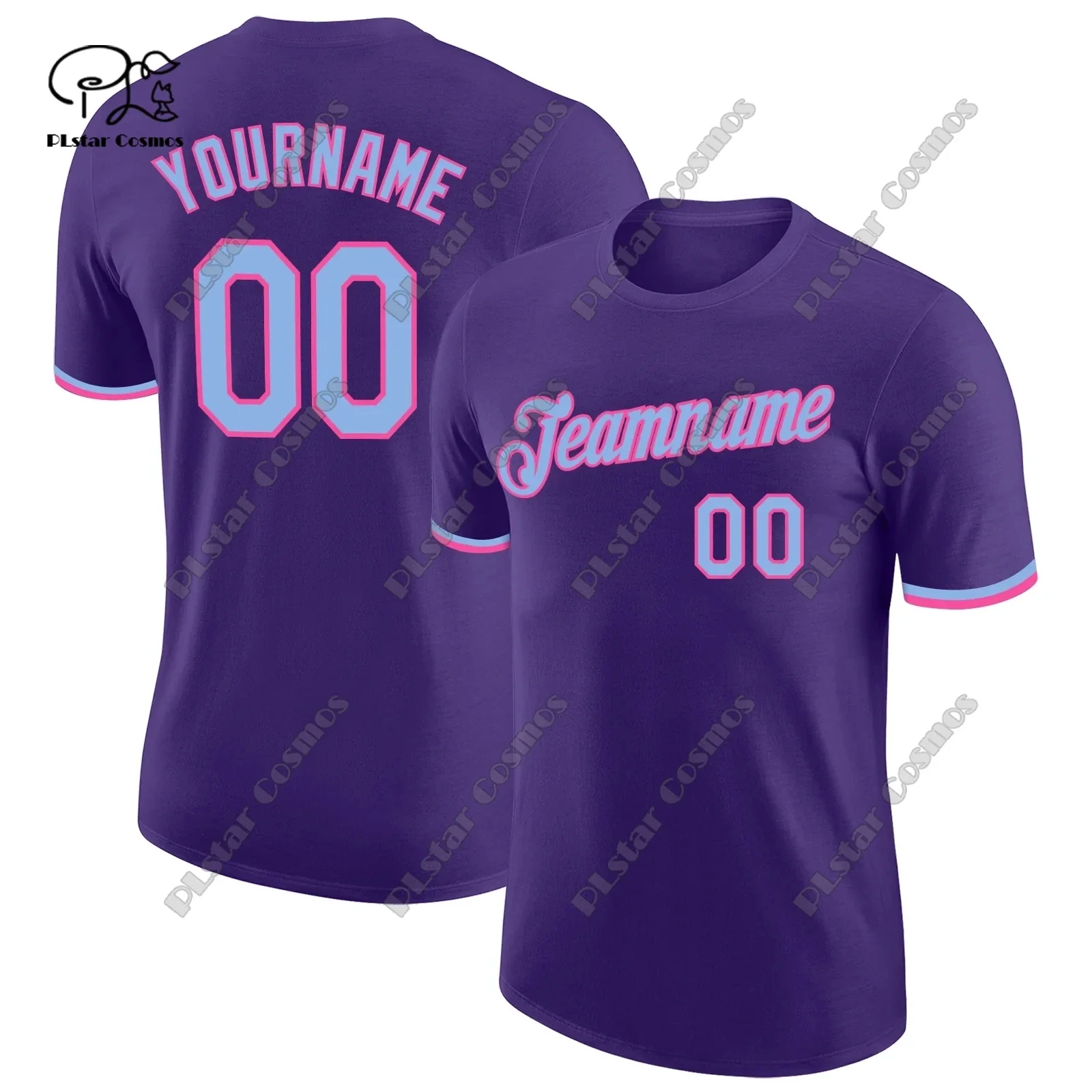 3D printed custom name team uniform colorful purple polyester authentic T-shirt summer tops simple round neck T-shirt