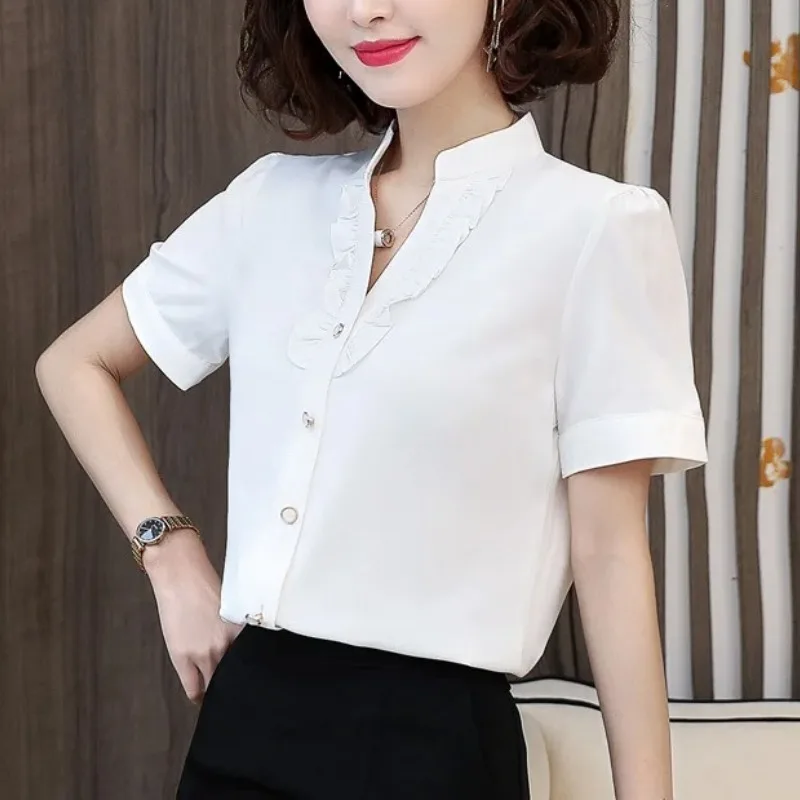 Women\'s Clothing V-Neck Solid Color Summer Short Sleeve Button Ruffles Patchwork Cardigan Shirt Office Lady Minimalist Tops