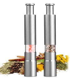 Manual Salt and Pepper Grinder Set Thumb Push Pepper Mill Stainless Steel Spice Sauce Grinders with Metal Holder Kitchen Tool