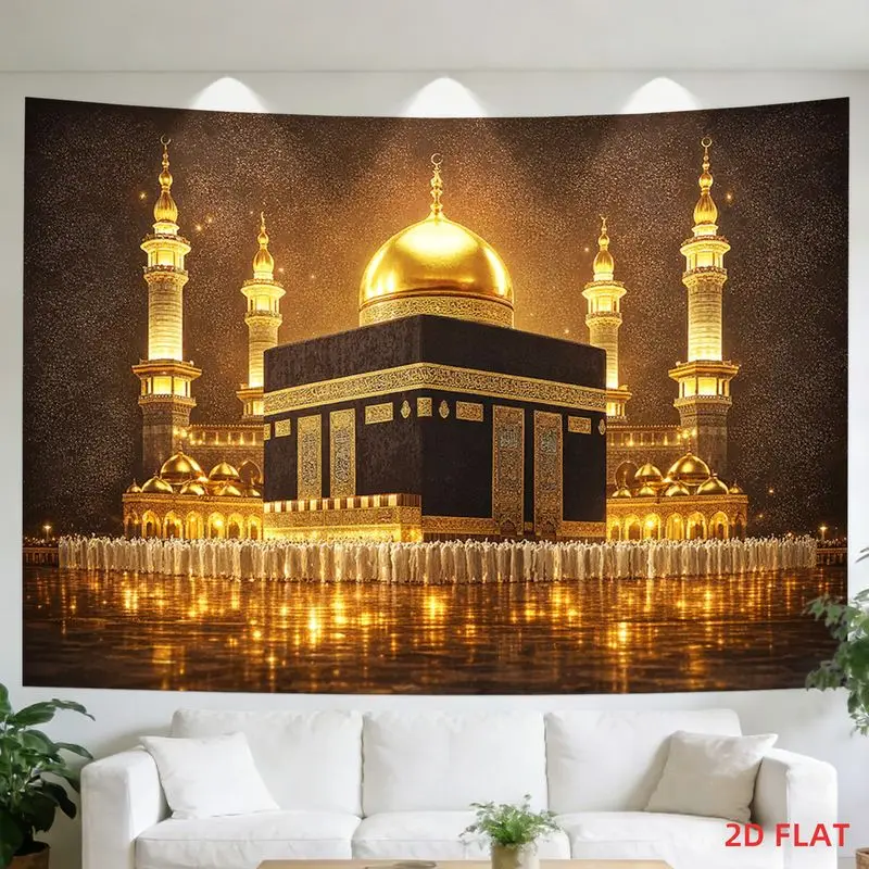 VIKAMA Mecca Kaaba Tapestry Golden Night Islamic Architecture Wall Hanging Ramadan Decor Living Room Bedroom Muslim Home Decor