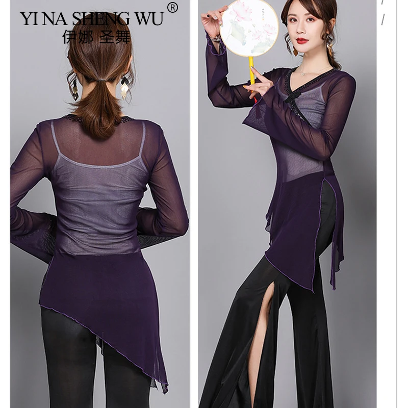 Women Classical Dance Practice Gauze Shirt Soft Stretch Body Rhyme Long Sleeve Top Chinese Folk Dance Wear Performance Clothing