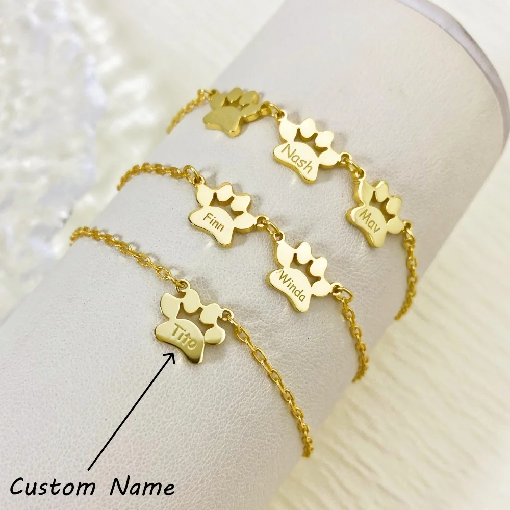 Bracciale con stampa zampa Bracciale personalizzato con nome dell'animale domestico Bracciale delicato in argento sterling placcato oro 18 carati per gioielli da regalo per cani da donna