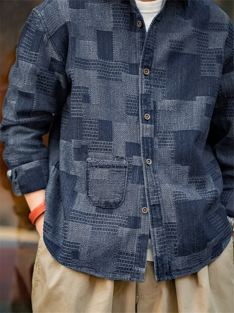 

Maden Workwear Japanese Retro Boro Blue Dye Denim irt Patchwork Long Sve Men's Spring Cotton Polyester Blend Casual irt