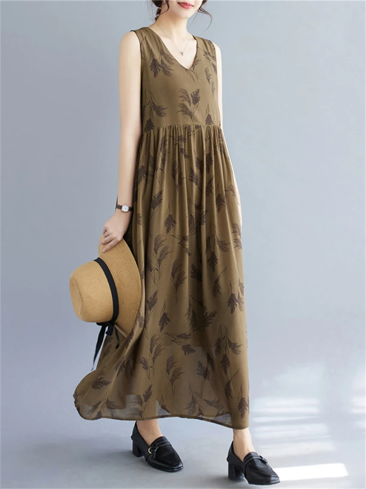 Sleeveless Cotton Print Vintage Dresses For Women 2025 Summer Casual Long Holiday Beach Dress Femme Robe Vestido Elegant Clothes