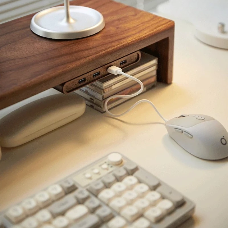 Walnut USB 3.0 Hub 4 Port Extension Adapter for Monitor Stand Wooden Data Transfer Splitter Premium Solid Wood Docking Station