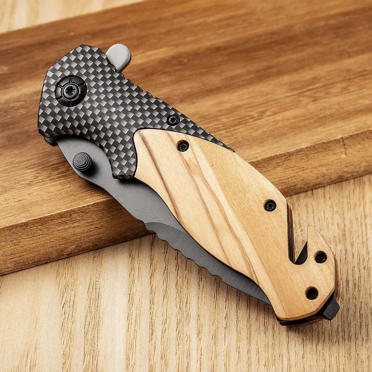 Steel Outdoors Folding Knife for Men High Hardness Self Defense Survival Military Tactical Pocket Knives Wooden Knife Handle