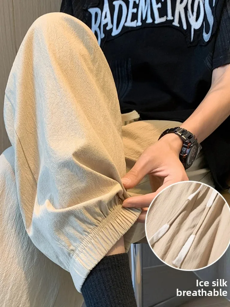 

Хлопково-льняные мужские летние свободные повседневные брюки цвета хаки с манжетами, льняные мужские брюки с девятью очками, дышащая удобная спортивная одежда