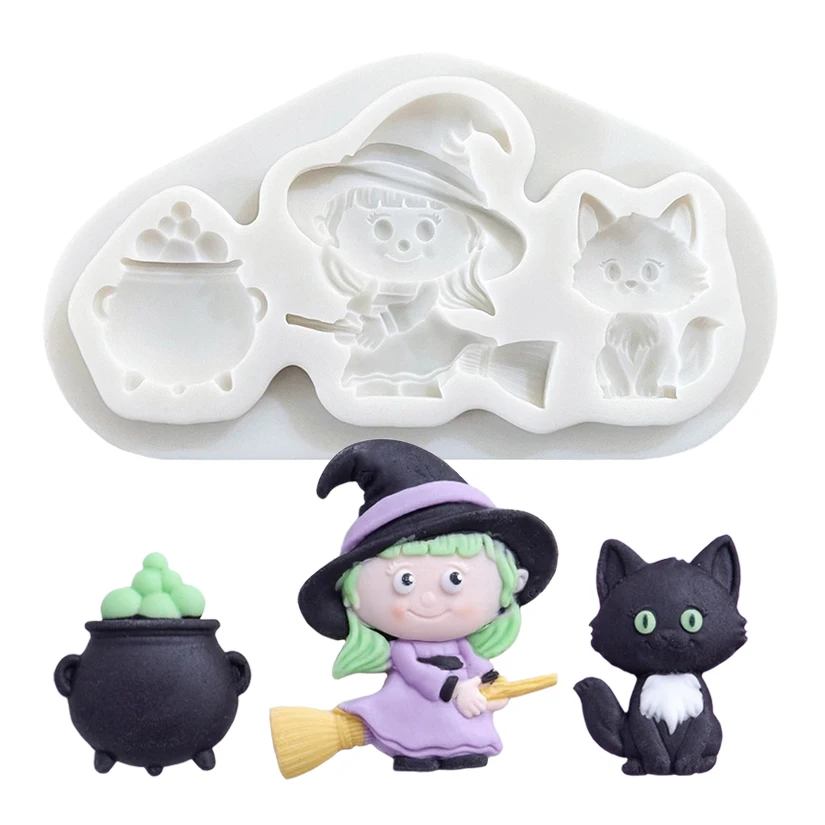 Caldero de gato bruja de Halloween, molde de silicona para artesanía de azúcar, herramientas de resina, molde para hornear magdalenas, herramientas de decoración de tortas con Fondant