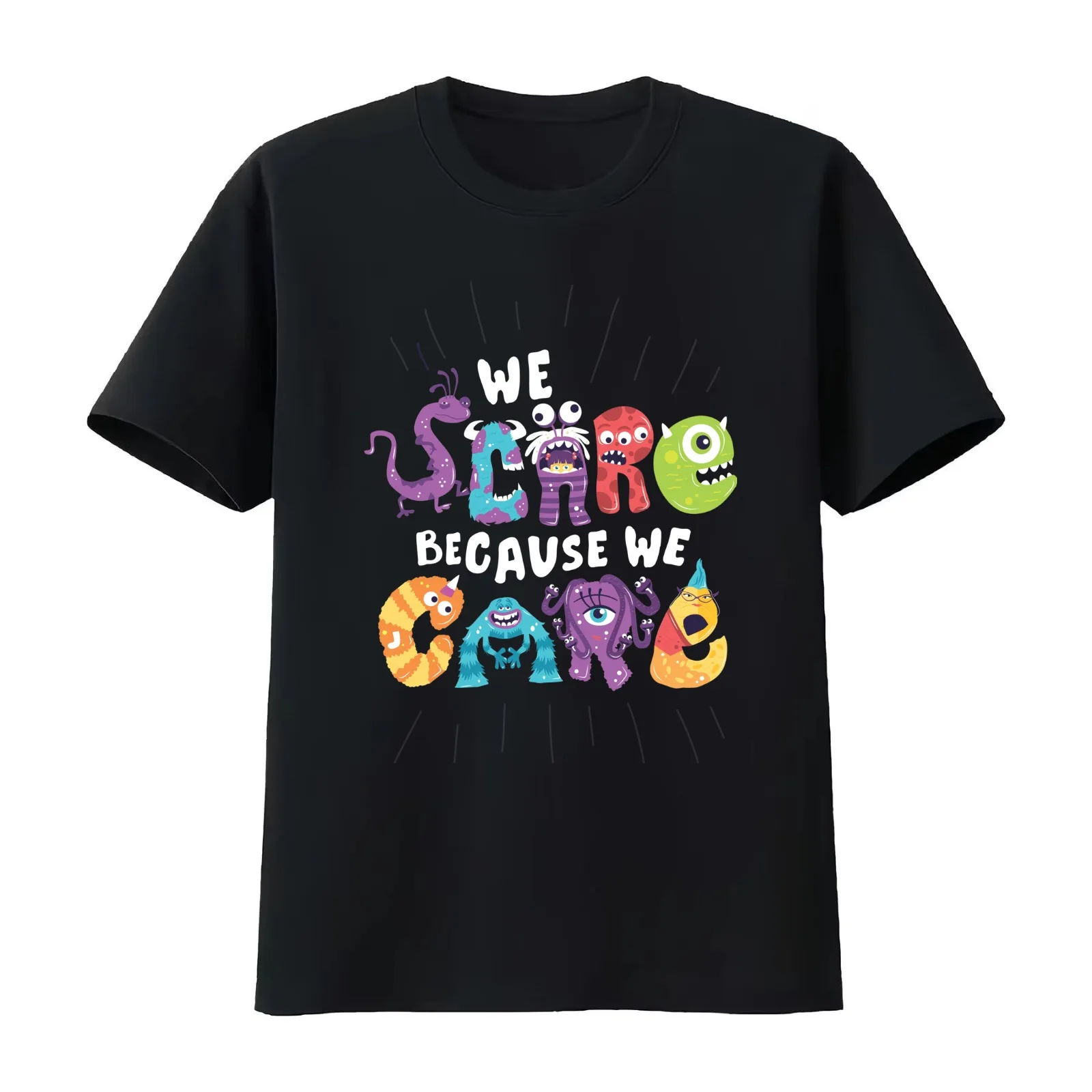 We Scare Because We Care T-Shirt Summer Casual Cotton Tee Oversized Streetwear Tops Vintage Graphic Print Unisex Men Women