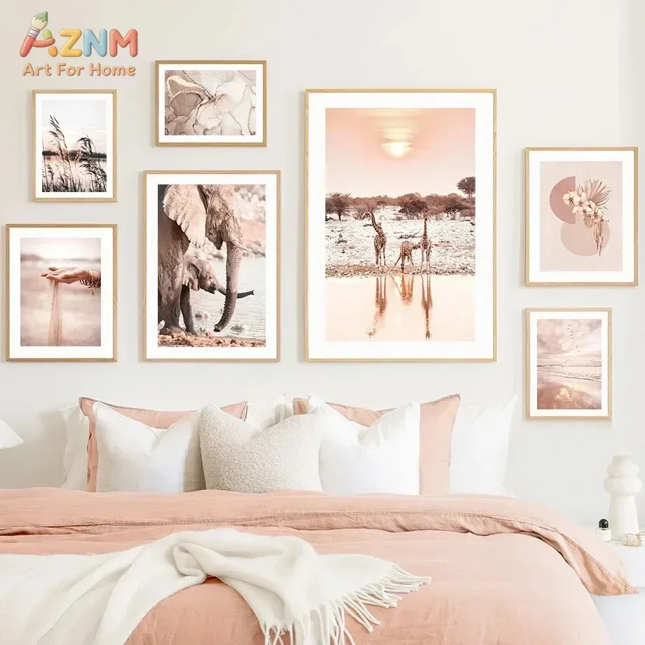 AZNM Unframed Canvas Print Blush Safari Animal Wall Art Neutral Pink Savannah Nature Home Decor Poster
