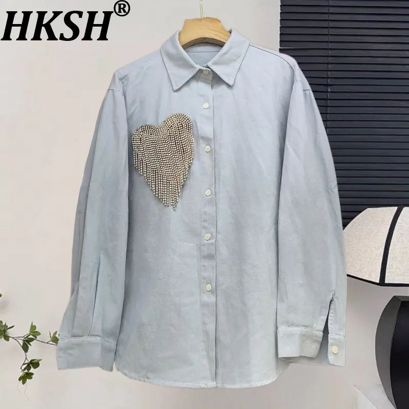 

HKSH весенне-осенняя новая женская рубашка, роскошная однобортная блузка с отложным воротником и бриллиантами, шикарная блузка с длинными рукавами HK13449