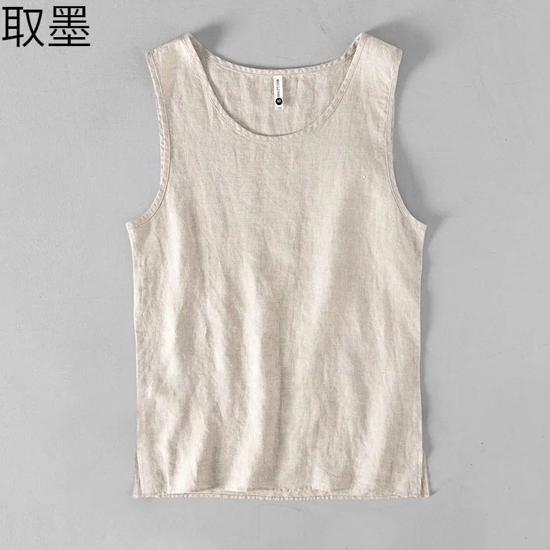 New 2024 Men's Casual Linen  Color Sleeveless Loose T-Shirt Upper Body White Strap Vest Breathable Cool Feeling