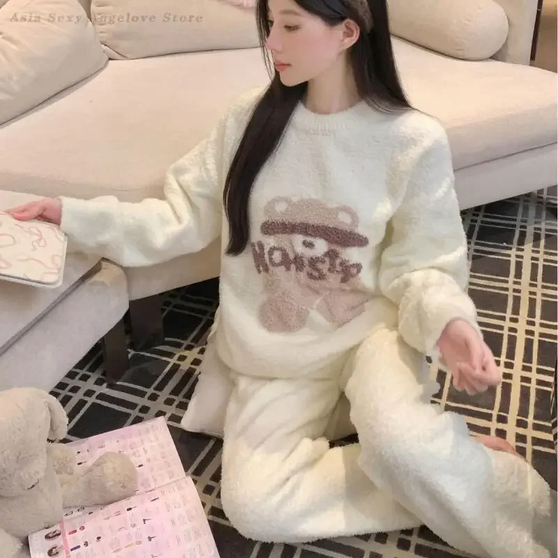 

Фланелевая теплая одежда для сна, зимний женский пижамный комплект, домашняя одежда с милым кроликом и героями мультфильмов, свободная плотная домашняя одежда, брючный пижамный костюм