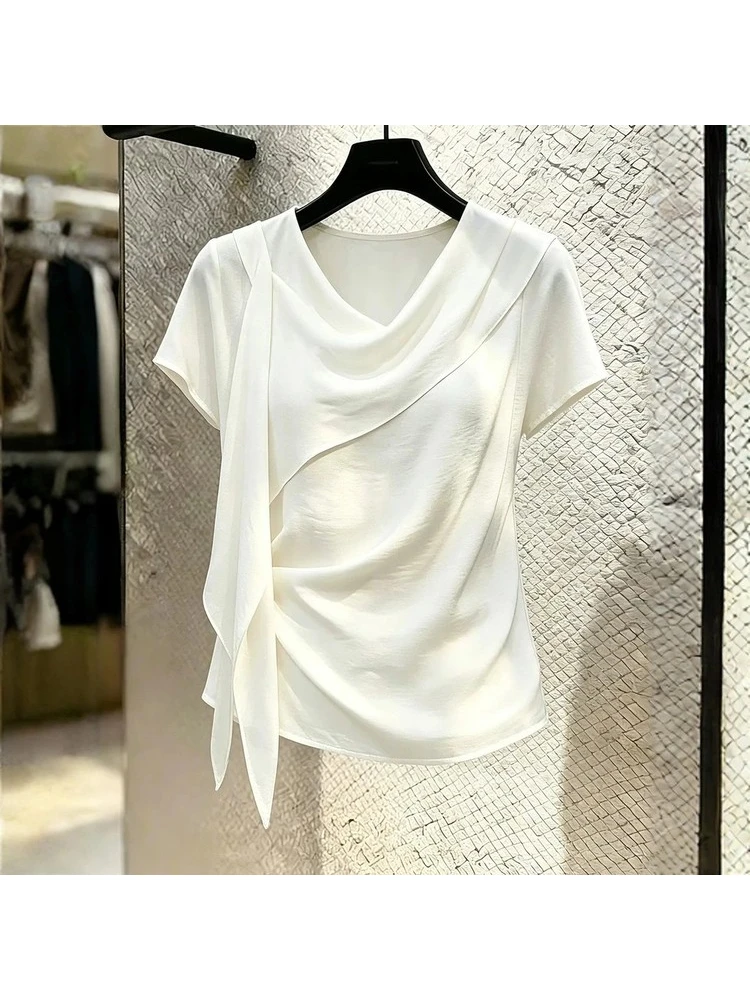 Casual Style Commute Short Sleeve T-Shirt Summer New Fashionable Versatile Casual Style Simple Design Ribbon Detail Top