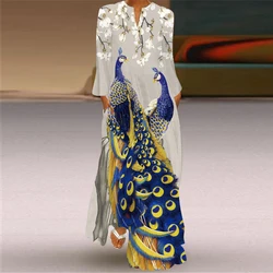 Ladies Spring Summer Long Dress Women's Fashion Long Sleeve V-neck Elegant Dresses Party Casual Peacock Printing Vintage Dress