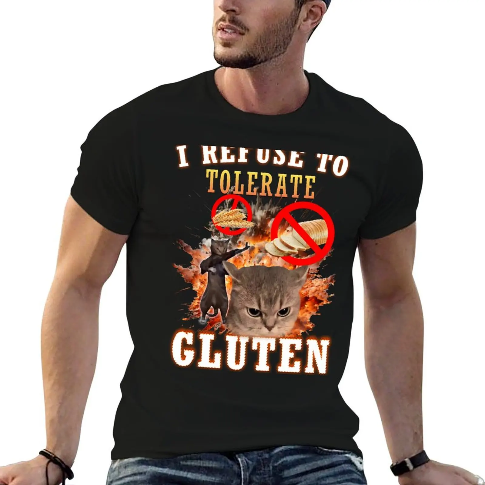 I Refuse to Tolerate Gluten Funny Cat Meme T-Shirt Moisture Wicking Quick Dry Tee