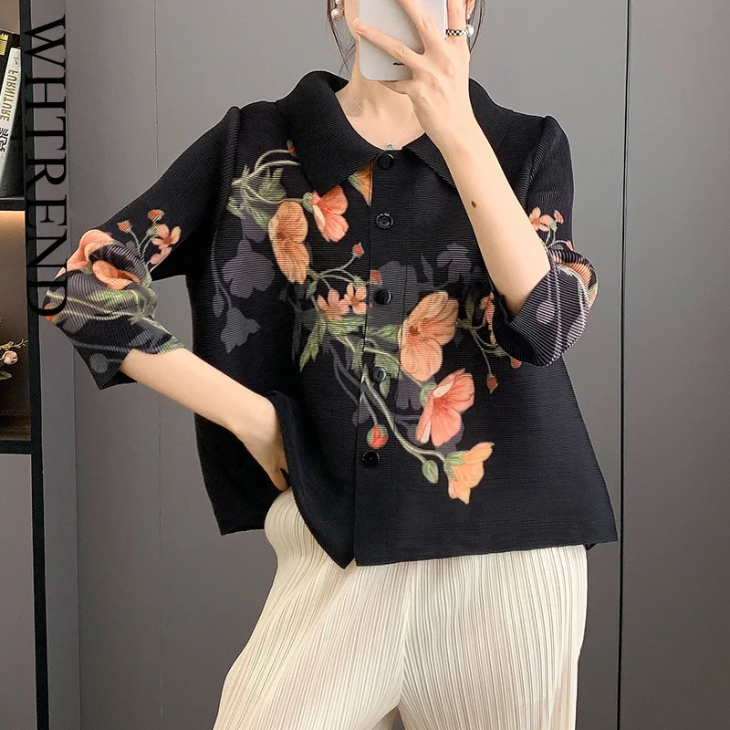 

WHTREND Pleated Shirts Women Fashion Simple Versatile Flower Printing Shirt Casual Top Autumn New WH1160