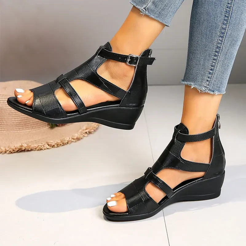 

Women Sandals Summer Chunky High Heels Soild Gladiator Open Peep Toe Women Shoes Buckle Back Zipper Sandalias De Mujer 2024 New