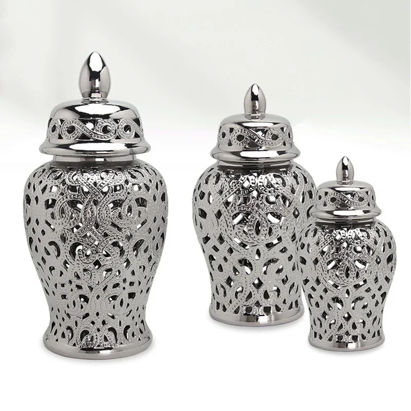 Chinese Hollow Ginger Pot Silver-plated Handicraft Ornament Dried Flower Flower Arrangement Accessories Decorative Storage Tank