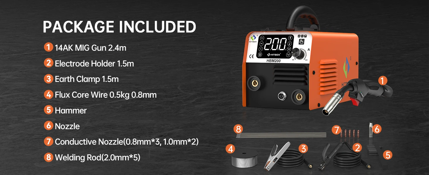 HITBOX HBM200 MIG TIG MMA Welding Machine 3 IN 1 Synergy Inverter Welder Gasless Flux Core Semi-Automatic Soldering Portable Inverter Equipment for Iron Metal Work