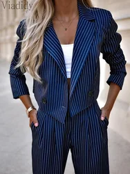 Women Elegant Suits Long Sleeve Button Decor Striped Blazer Coat and High Waist Wide Leg Pants 2pcs Set