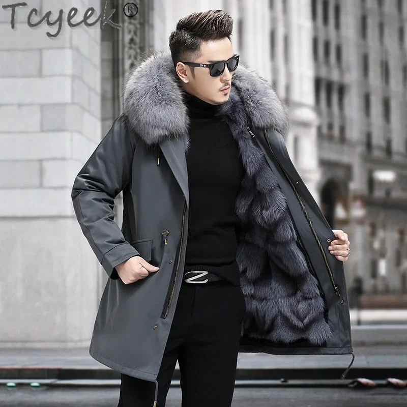 Tcyeek Fox Fur Coats Winter Jackets for Men Clothing Liner Detachable Mens Real Fur Coat Fashion Raccoon Dog Fur Collar Parka