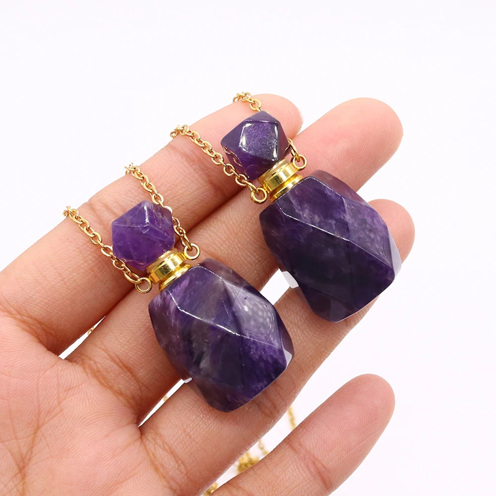 

Natural Amethyst Perfume Bottle Necklace Stainless Steel Spiritual Crystal Pendant for Women Jewelry Healing Lucky Necklace Gift