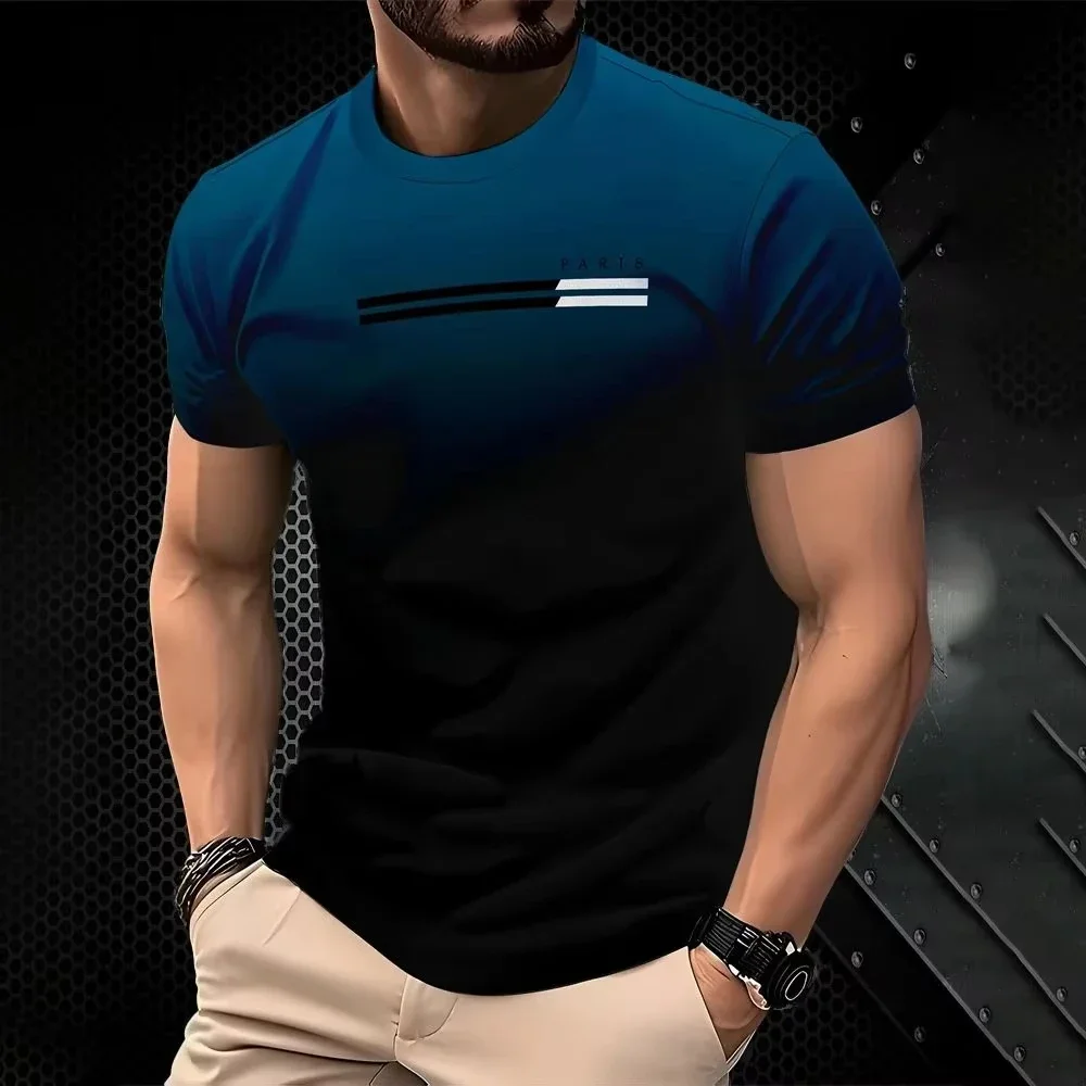 Mens Fashion Gradient Color Tee PARIS Line Pattern Print Round Neck Short Sleeve Breathable Casual Street Style Tees Tops