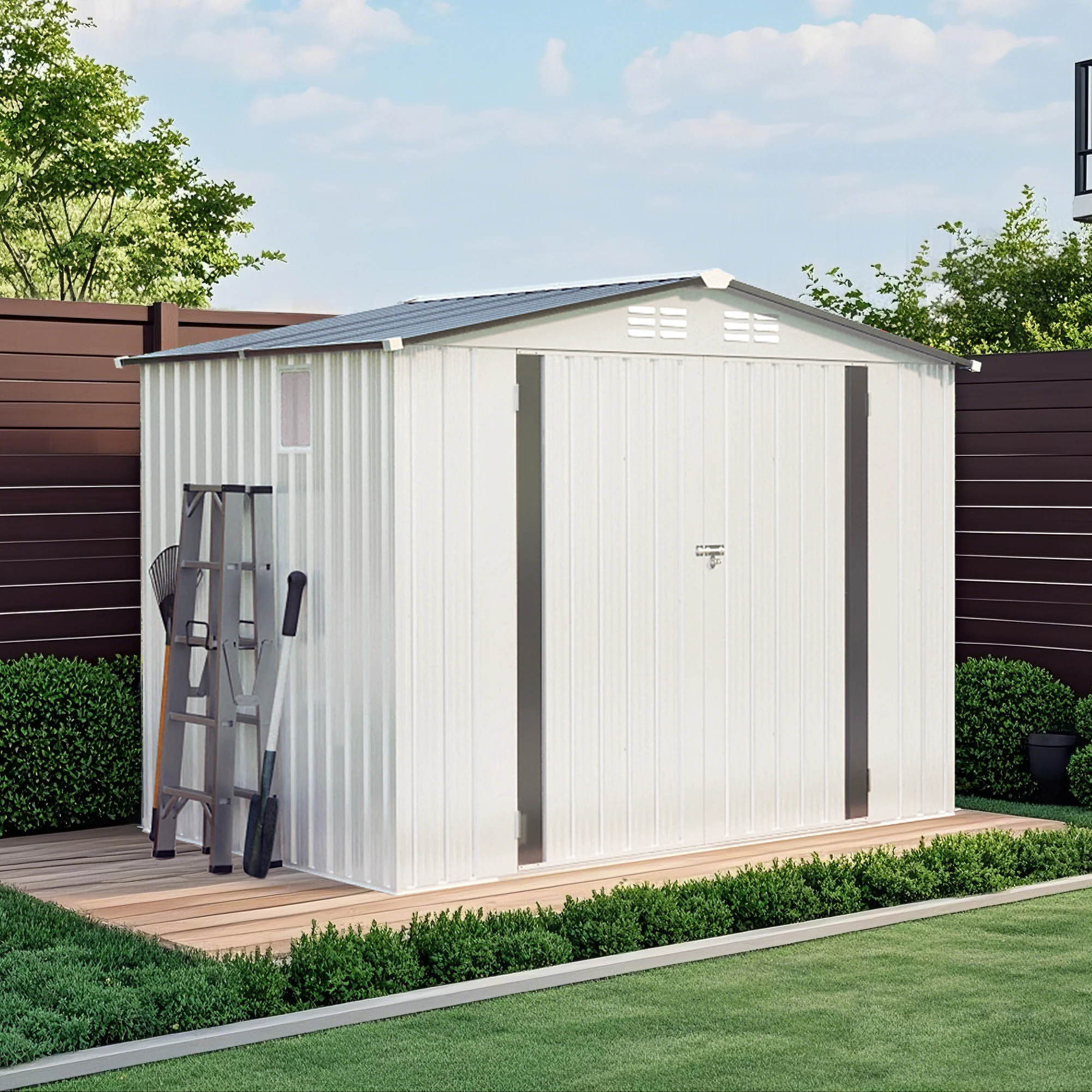 kb-8*6FT Free Shipping in Stock   Metal Outdoor Storage Shed with Pitched Roof Waterproof with Side Window and Lockable Door#