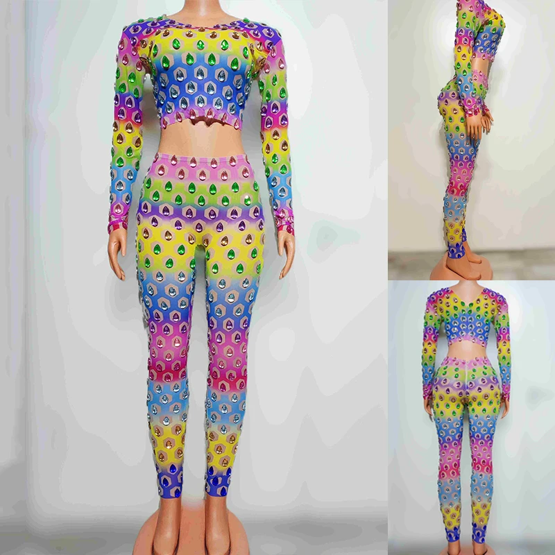 

Nightclub Bar Performance Suit Rainbow Colorful Long Sleeve Crop Top Woman Gogo Dance Costume Festival Party Outfit