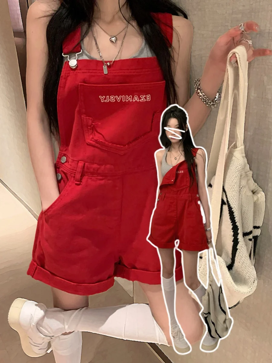 Overall Denim Merah Musim Panas Wanita Gaya Jalanan Retro Pakaian Kerja Kaki Lebar Tali Pinggang Tinggi Bahan Denim Tipis
