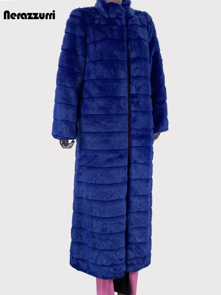 Nerazzurri Autumn Winter Extra Long Thick Warm Soft Fluffy Blue Striped Faux Mink Fur Coat Women Stand Collar Furry Overcoat