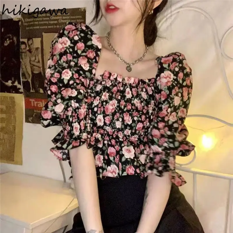 Crop Tops Summer Blouses Women 2024 Blusas Mujer De Moda Square Collar Puff Sleeve Shirts Backless Floral Chiffon Sweet Blouse