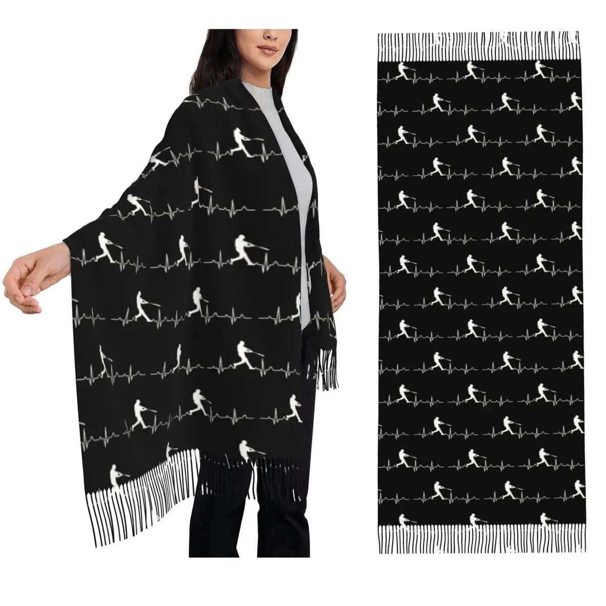 Baseball Player Heartbeat Scarf Tassel Scarves Women Soft Warm Shawls and Wraps Large Fall Winter Shawl Wrap