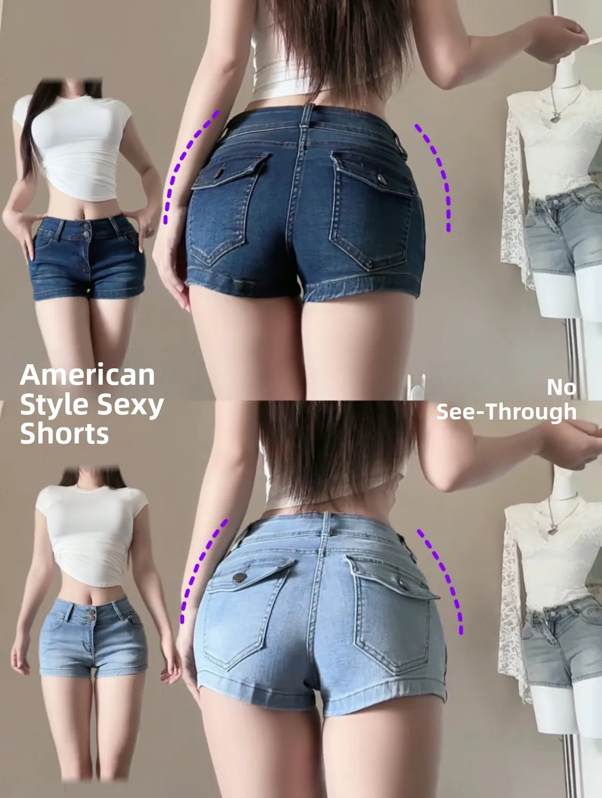

High Waist Slimming Hot Pants Double Bule Cheeky Butt Denim orts Summer Casual Cotton Stretch Fabric Zipper Closure