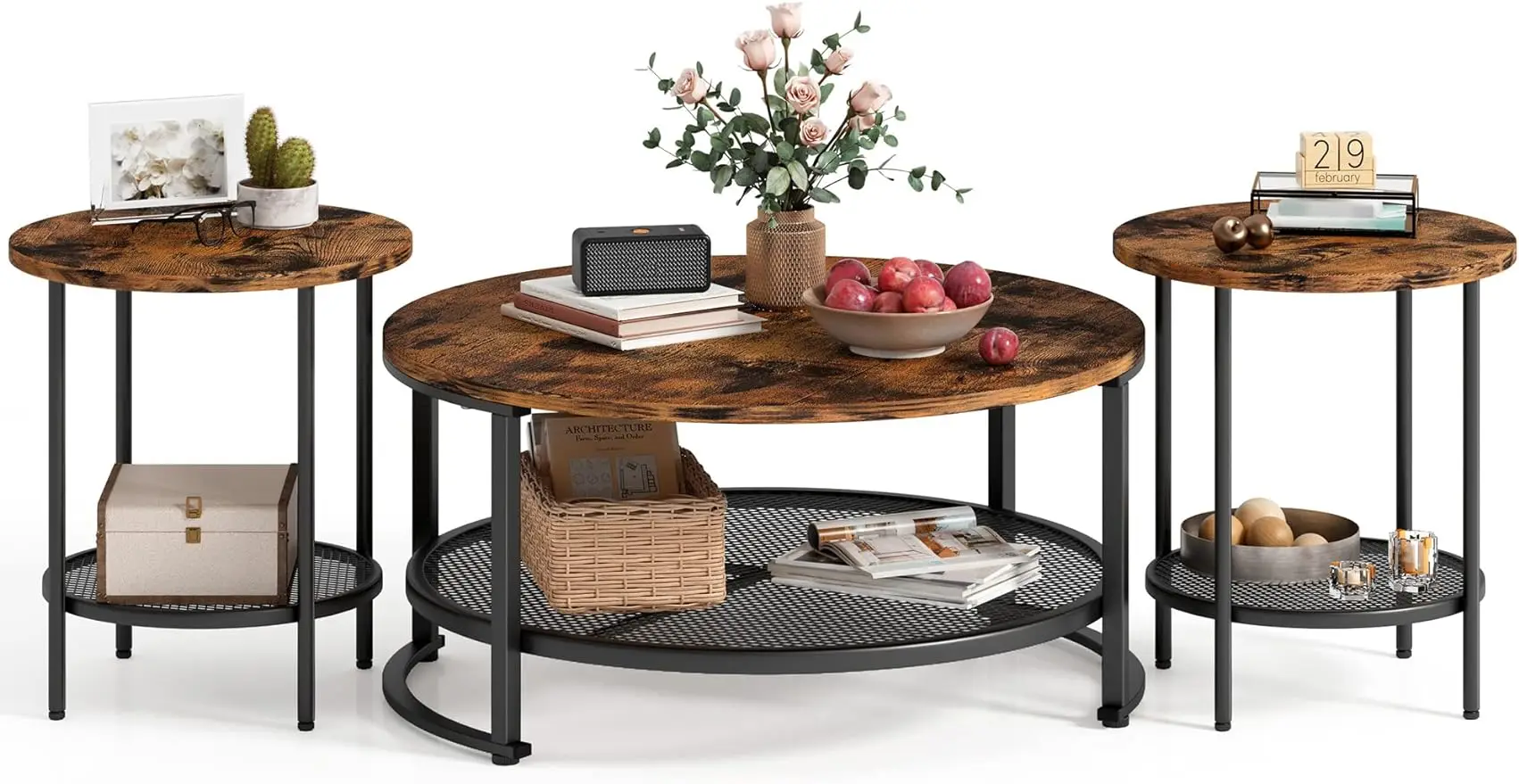 

Home Round Coffee Table Set of 3 , Open Storage, Rustic Wood Surface Top & Sturdy Metal Legs Large Circle Table, Brown and Black