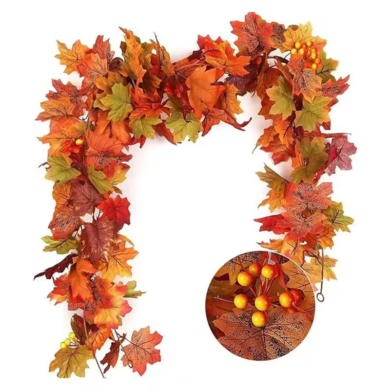AT02-Thanksgiving أكاليل 2 قطعة إكليل الخريف الاصطناعي أوراق القيقب 5.8Ft إكليل الخريف الزخرفية لإطار باب الموقد