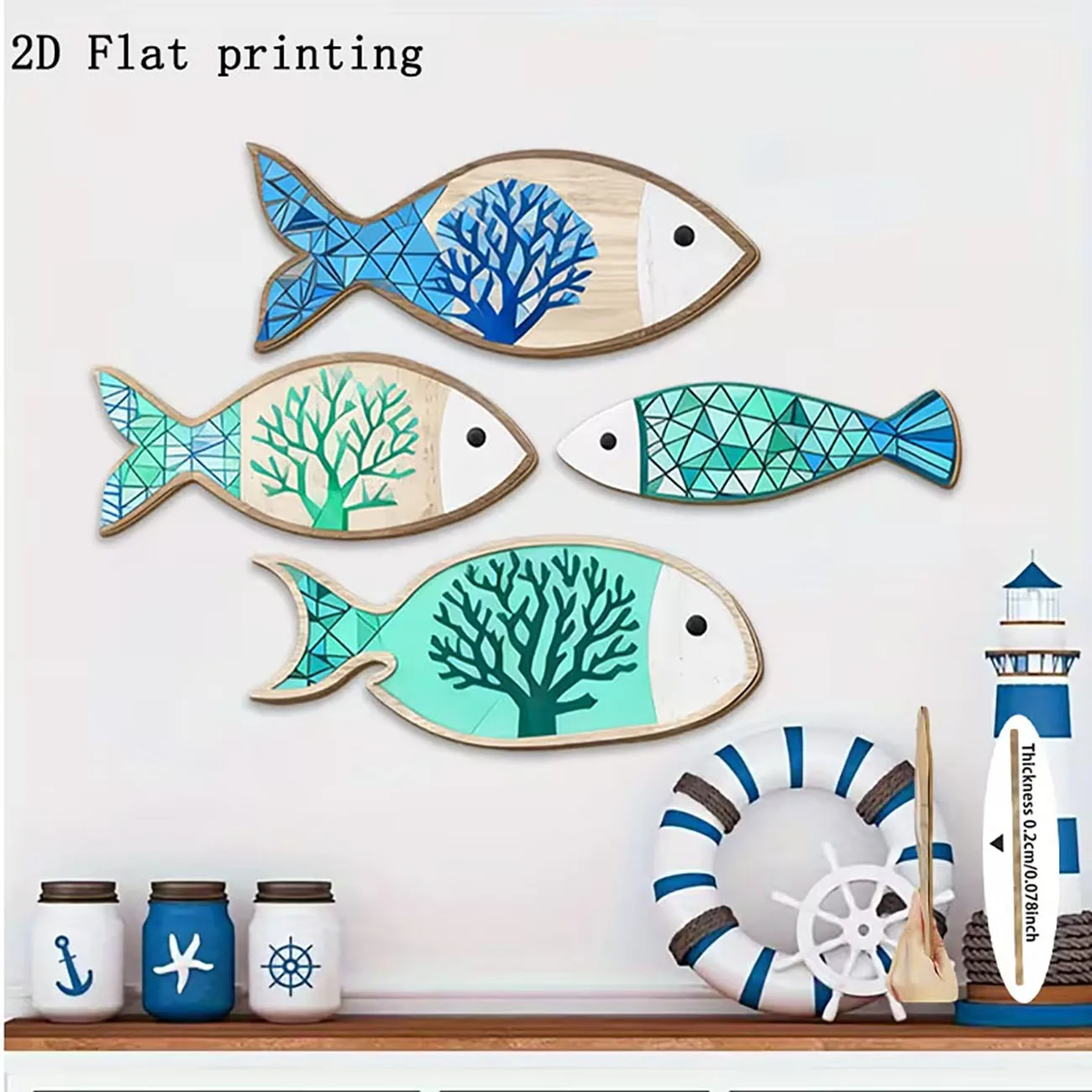 Wooden Coral Fish Wall Decor 2D Flat Print Nautical Wall Art for Living Room Bedroom Home Decoration