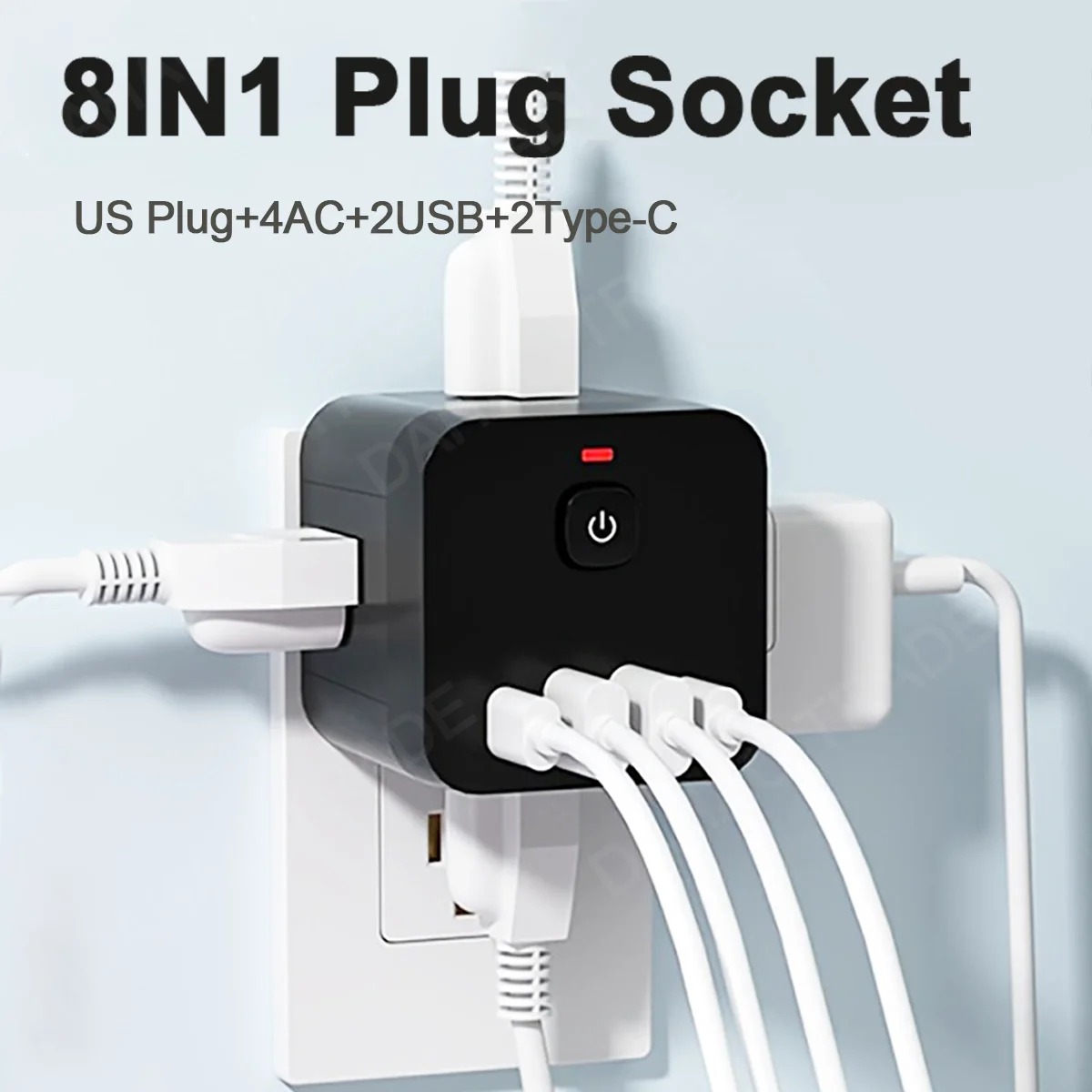 8IN1 US Plug Wall-Mounted Travel Socket Adapter Charger 4 AC Outlet 2 USB 2 Type C Ports Wall Charger Power Travel Plug socket