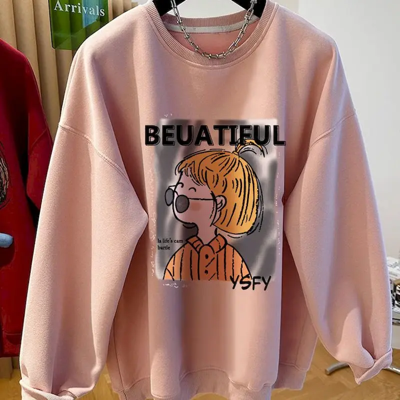 Korean Style Pullovers Women Fashion Cartoon Printed Pink Pullover Casual Loose Sweatshirts Spring Autumn Trend Tops Y2k Clothes