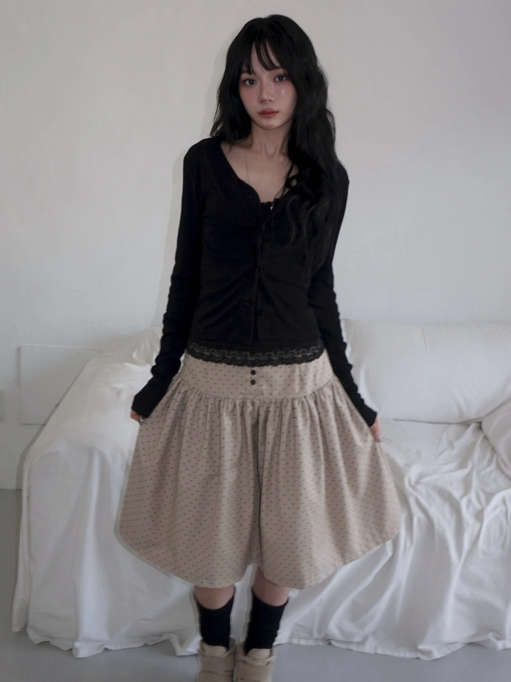 Spring Dongdaemun Polka Dot Half-length Skirt Women's Single-button Versatile A-line  Skirt Youthful Design Sensation